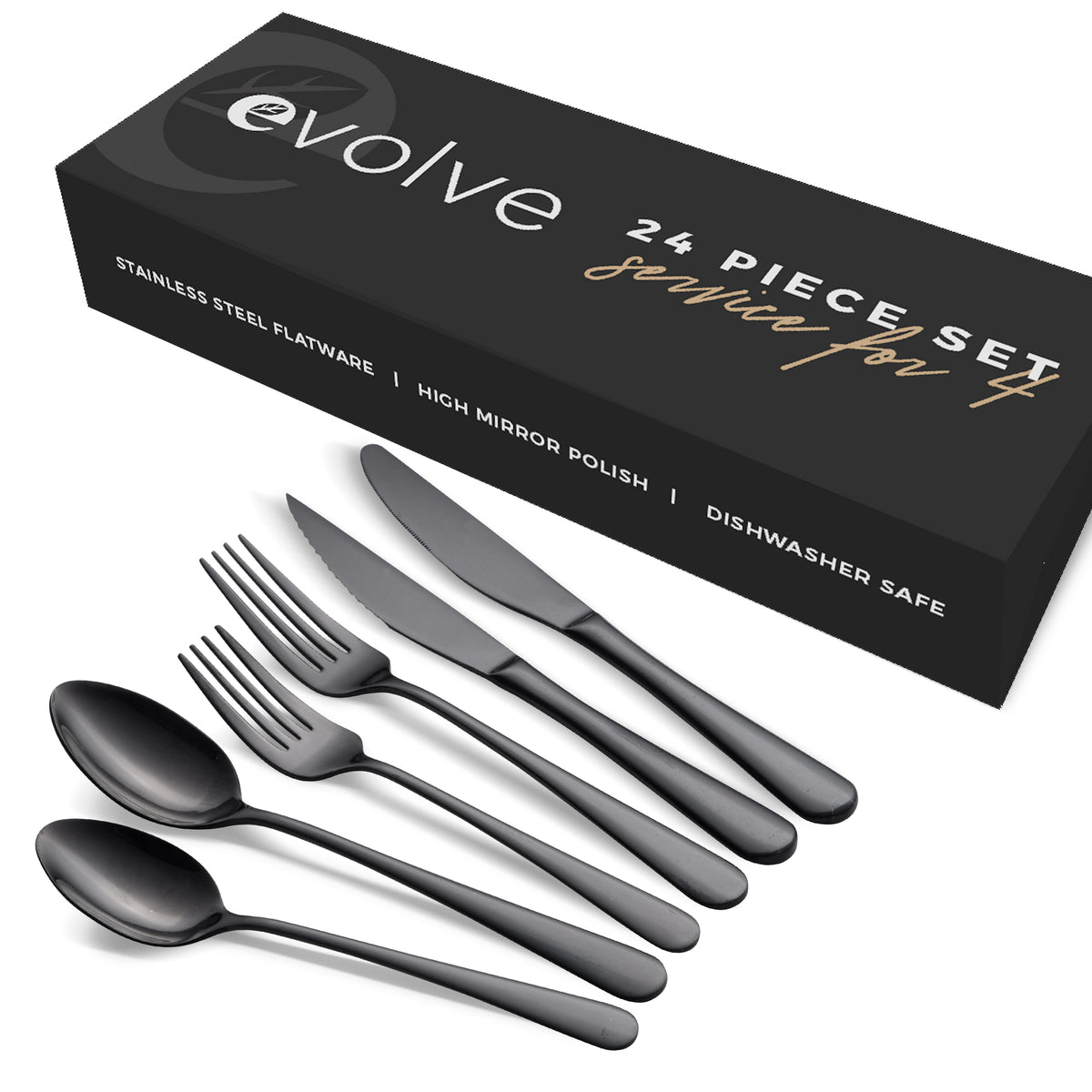 8-Piece Black Silverware Set with Steak Knives and Organizer Ebern Designs